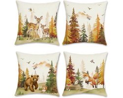 Set van 4 Sierkussenslopen 45x45cm Herfst Bosdieren - Herten, Beren en Vossen - Decoratie voor Bank en Tuin