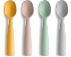 Set van 4 Siliconen Baby Lepels - BPA-vrij, Ideaal voor Voeding, Pap en Aanvullende Voeding voor Kinderen in Grijs/Groen/Roze/Geel