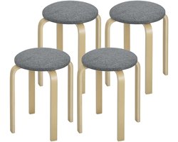 Set van 4 stapelbare krukken - kruk van berkenmultiplex met linnenlook - gestoffeerde kruk voor de eetkamer en woonkamer - grijs