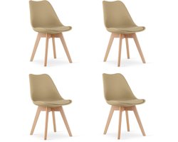 Set van 4 Stoelen MARK – Donkerbeige, Beukenhouten Poten, Kunststof Zitting met Kunstlederen Kussen, Strak Design, Ergonomisch, Geschikt voor Keuken, Eetkamer, Kantine en Werkruimte, Max. 120 kg