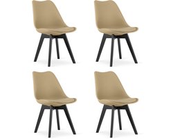Set van 4 Stoelen MARK – Donkerbeige, Zwarte Beukenhouten Poten, Kunststof Zitting met Kunstlederen Kussen, Strak Design, Ergonomisch, Geschikt voor Keuken, Eetkamer, Kantine en Werkruimte, Max. 120 kg