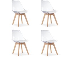 Set van 4 Stoelen MARK – Transparant, Beukenhouten Poten, Kunststof Zitting met Kunstlederen Kussen, Strak Design, Ergonomisch, Geschikt voor Keuken, Eetkamer, Kantine en Werkruimte, Max. 120 kg