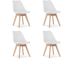 Set van 4 Stoelen MARK – Wit, Beukenhouten Poten, Kunststof Zitting met Kunstlederen Kussen, Strak Design, Ergonomisch, Geschikt voor Keuken, Eetkamer, Kantine en Werkruimte, Max. 120 kg
