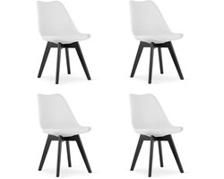 Set van 4 Stoelen MARK – Wit, Zwarte Poten, Kunststof Zitting met Kunstlederen Kussen, Strak Design, Ergonomisch, Geschikt voor Keuken, Eetkamer, Kantine en Werkruimte, Max. 120 kg
