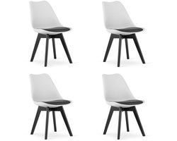 Set van 4 Stoelen MARK – Wit/Zwart, Zwarte Poten, Kunststof Zitting met Kunstlederen Kussen, Strak Design, Ergonomisch, Geschikt voor Keuken, Eetkamer, Kantine en Werkruimte, Max. 120 kg