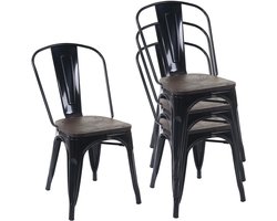 Set van 4 stoelen MCW-A73 incl. houten zitting, bistrostoel stapelstoel, metalen industrieel ontwerp stapelbaar ~ zwart