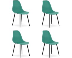 Set van 4 Stoelen WAT – Groen, Zwarte Metalen Poten, Kunststof Zitting – Modern en Ergonomisch – Geschikt voor Eetkamer, Woonkamer, Keuken, Thuiswerkplek, Kantine en Wachtruimte – Eenvoudige Montage