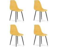 Set van 4 Stoelen WAT – Mosterdgeel, Zwarte Metalen Poten, Kunststof Zitting – Modern en Ergonomisch – Geschikt voor Eetkamer, Woonkamer, Keuken, Thuiswerkplek, Kantine en Wachtruimte – Eenvoudige Montage
