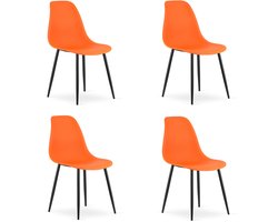 Set van 4 Stoelen WAT – Oranje, Zwarte Metalen Poten, Kunststof Zitting – Modern en Ergonomisch – Geschikt voor Eetkamer, Woonkamer, Keuken, Thuiswerkplek, Kantine en Wachtruimte – Eenvoudige Montage