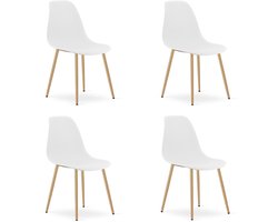 Set van 4 Stoelen WAT – Wit, Houtlook Metalen Poten, Kunststof Zitting – Modern en Ergonomisch – Geschikt voor Eetkamer, Woonkamer, Keuken, Thuiswerkplek, Kantine en Wachtruimte – Eenvoudige Montage