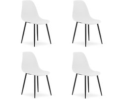 Set van 4 Stoelen WAT – Wit, Zwarte Metalen Poten, Kunststof Zitting – Modern en Ergonomisch – Geschikt voor Eetkamer, Woonkamer, Keuken, Thuiswerkplek, Kantine en Wachtruimte – Eenvoudige Montage