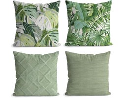 Set van 4 Stuks 45x45 cm Linnen Kussenhoezen met Botanisch Bladeren Patroon voor Sofa en Slaapkamer, Inclusief Onzichtbare Rits, Groene Decoratie