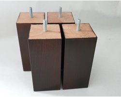 Set van 4 stuks houten Boxspring Bedden Meubelpoten Wengé (donker bruin) Beuken 16 cm hoog  7x7 cm met M8 draad  Boxspring bedden banken