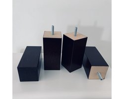 Set van 4 stuks houten Boxspring Bedden Meubelpoten Zwart Beuken 13 cm hoogte 7 x 7 cm met M8 draadeinde