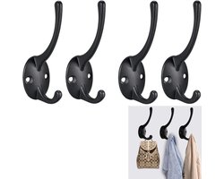 Set van 4 stuks - Kapstokhaak - Haken - Hoedenhaak - Vintage dubbele haak - Dubbel haakontwerp - Stevig en duurzaam - Zwart - Voor het ophangen van jassen, sjaals, tassen, handdoeken, sleutels, hoeden