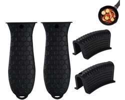 Set van 4 stuks - Siliconen gereedschapshouder - Hittebestendige pannenlap - Antislip siliconen pannenlap - Siliconen geïsoleerde handgreephouder - Geschikt voor gietijzeren koekenpannen, metalen potten en bakpannen (zwart)