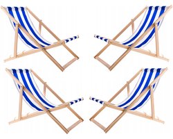 Set van 4 stuks - Strandstoel - ligstoelen - Verstelbaar - Inklapbaar - beukenhout - Wit met blauw strepen