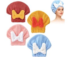 Set van 4 superabsorberende handdoeken voor nat haar, extra dikke sneldrogende microvezelhanddoeken, zachte handdoeken met strik voor dames en meisjes (roze + blauw + geel + rood)