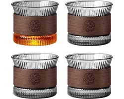 Set van 4 transparante espresso kopjes van 180 ml met houten ring - ideale cappuccino en theekopjes voor cadeau's