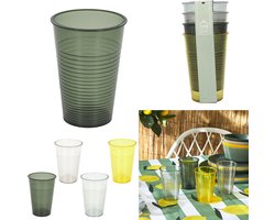 Set van 4 Transparante Kunststof Bekers – Herbruikbaar – In Gele, Groene en Grijze Kleuren – Stapelbare Drinkglazen voor Picknick en Outdoor Feestjes – 20 cl.