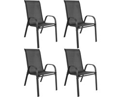 Set van 4 Tuinstoelen SOFIA Grijs – Modern & Tijdloos Design – Ergonomisch Zitting – Weerbestendig en Onderhoudsvriendelijk Textileen – Lichtgewicht & Stapelbaar – Stevig Zwart Metalen Frame – Comfortabel en Ruimtebesparend – Perfect voor Tuin, Balko