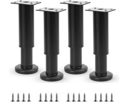 Set van 4 verstelbare meubelpoten, metaal 12-18 cm, zwart mat, poten voor meubels, in hoogte verstelbaar, voor bankpoten, bedpoten, kastpoten, universeel