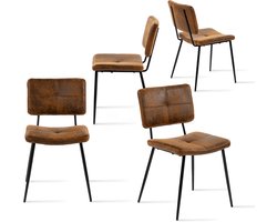 Set van 4 vintage eetkamerstoelen met suède beklede rugleuningen en metalen poten voor keuken, woonkamer, slaapkamer en kantoor, bruin
