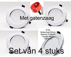 Set van 4 Waterdichte LED Inbouwspots – 5W Warm Wit 3000K – IP65 Badkamer & Buiten – Inclusief Gatenzaag – Sparing 70–85 mm