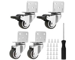 Set van 4 wielen voor zware meubels, 25 mm/32 mm, meubelwielen voor bureaus, kasten, gereedschapswagen, kisten, stil rubber, 2 met rem, 2 zonder rem, zilver (32 mm)