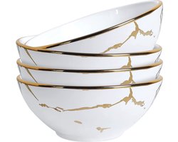 Set van 4 witte marmeren porseleinen soepkommen, 280 ml mueslischaal voor salade, pasta, ramen, rijst en dessert, klein