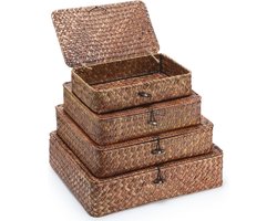 Set van 4 zeegrasmanden met deksel - Decoratieve opbergoplossingen voor huis en kantoor