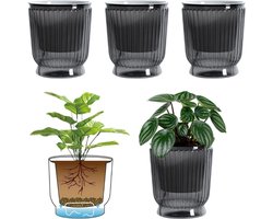 Set Van 4 Zelfbewaterende Potten Met Katoenen Touw - Bloempotten Met Diepe Watertank - Irrigatiesysteem Voor Keukenkruiden En Kamerplanten - Grijs 10-8 X 12 Cm