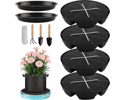 Set van 4 Zelfwaterende Potten met Coasters, 30 cm, Automatische Irrigatie voor Planten, Lekvrije Waterbakken en Katoenen Touw