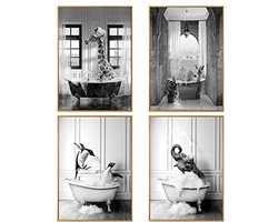 Set van 4 zwart-witte afbeeldingen van grappige dieren in bad – Canvas wanddecoratie voor woonkamer, badkamer en slaapkamer