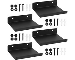 Set van 4 Zwarte Wandplanken voor Decoratie, Opberging en Organisatie in Woonkamer, Badkamer en Keuken - 15 x 11.5 x 3.5 cm
