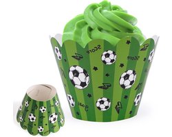 Set van 48 voetbal cupcakevormpjes en wrappers van stevig papier in voetbalthema, ideaal voor het bakken en versieren van cupcakes bij verjaardagsfeestjes