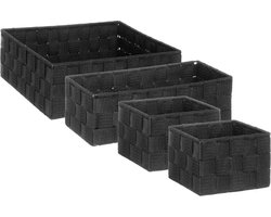 Set van 4x gevlochten opbergmanden - zwart - Kast/badkamer mandjes verschillende formaten