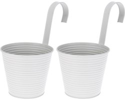 Set van 4x stuks bloempotten/plantenbakken zinken emmertjes met ophanghaak wit gestreept 14x12x24 cm - Balkon/schutting plantenpot