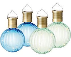 Set van 4x stuks buiten led groene en blauwe lampion solar verlichting 11 cm