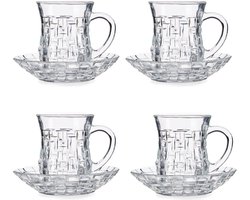 Set van 4x stuks Marokkaanse theeglazen inclusief schotel 125 ml - Theekopjes/koffiekopjes van glas - Kop en schotel transparant