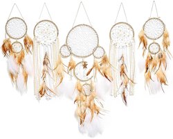 Set van 5 Boho Dromenvangers Maan & Zon - Handgemaakt Muurdecoratie met Vergulde Accenten voor Slaapkamer en Woonkamer