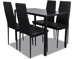 Set van 5 eetkamerstoelen, keukentafel, modern, van zwart kunstleer en glas, eettafel en stoelen, set voor tafel en stoelen, moderne keukentafel, glazen tafel 105 cm en 4 eetkamerstoelen van