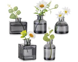 Set van 5 Grijze Mini Vazen voor Tafelversiering - Moderne Glazen Vazen voor Woonkamer en Bruiloft Decoratie, Perfect voor Bloemen en Interieurstyling