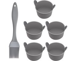 Set van 5 Grijze Siliconen Bakvormen voor Airfryer met 1 Grijze Oliekwast - Ideaal voor Pudding, Taart en Eieren bereiden