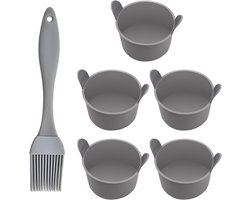 Set van 5 Grijze Siliconen Bakvormen voor Pudding, Cake en Eieren met 1 Grijze Oliekwast, Ideaal voor Gezond Bakken en Koken