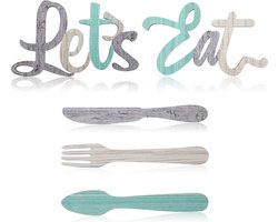 Set van 5 houten borden en bestek decoratie - rustieke keuken wanddecoratie in diverse kleuren