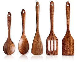 Set van 5 houten keukengereedschappen - Acacia hout - Spatel en lepel voor koken en bakken