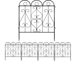 Set van 5 ijzeren hekken, tuinhek, bloembedhek, voor buiten, smeedijzeren stijl, decoratieve omranding, 5 stuks omheining voor tuinieren, roestvrij, landschap, terras, bloementuin