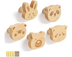 Set van 5 Kledinghaken in Dierenvorm van Hout - Wandhaken voor Kleding, Accessoires en Decoratie - Geschikt voor Slaapkamer, Woonkamer en Kast, Tot 5 kg Belastbaar