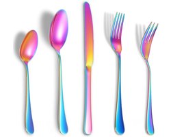Set van 5 Kleurrijke RVS Eetbestek - Dinner Messing Vorken Lepels met Ronde Handgreep - Reisbestek voor Feest en Thuis, Vaatwasserbestendig